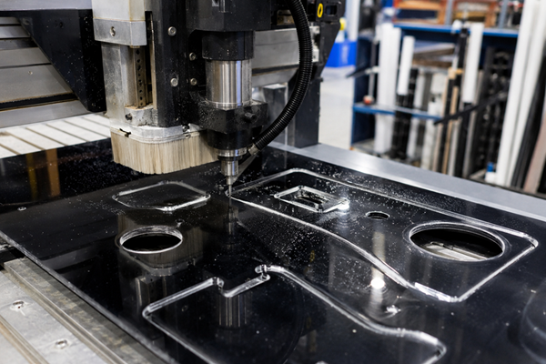 CNC router cutting precise shapes and holes into a black acrylic sheet