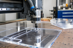 CNC machine cutting a clear acrylic sheet for plastic fabrication.
