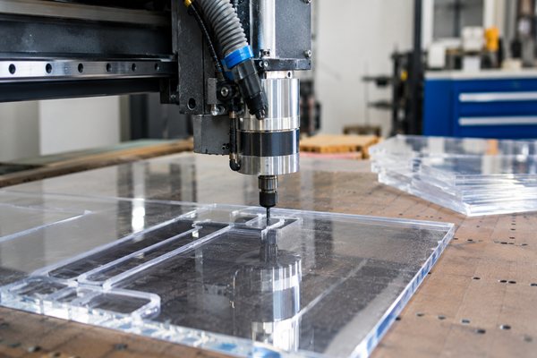CNC machine cutting a clear acrylic sheet for plastic fabrication.