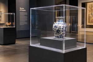 Museum-quality acrylic display case showcasing a blue and white ceramic vase.
