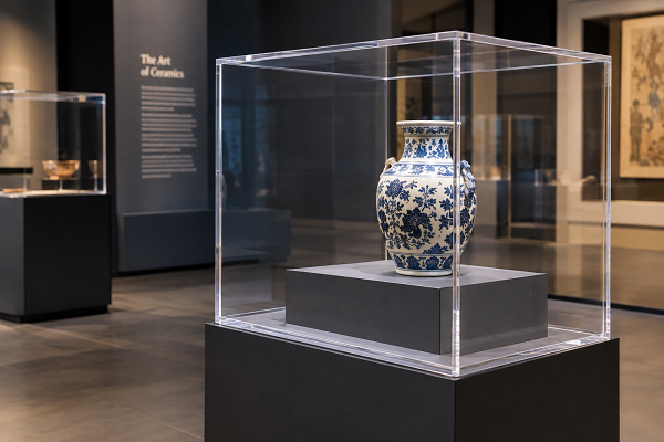 Museum-quality acrylic display case showcasing a blue and white ceramic vase.